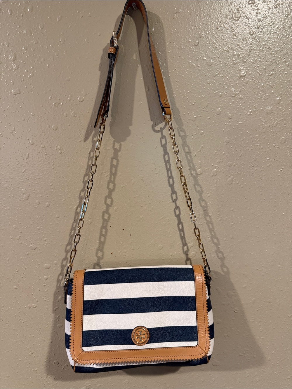 Tory Burch Navy & White Striped Crossbody with Tan Trim